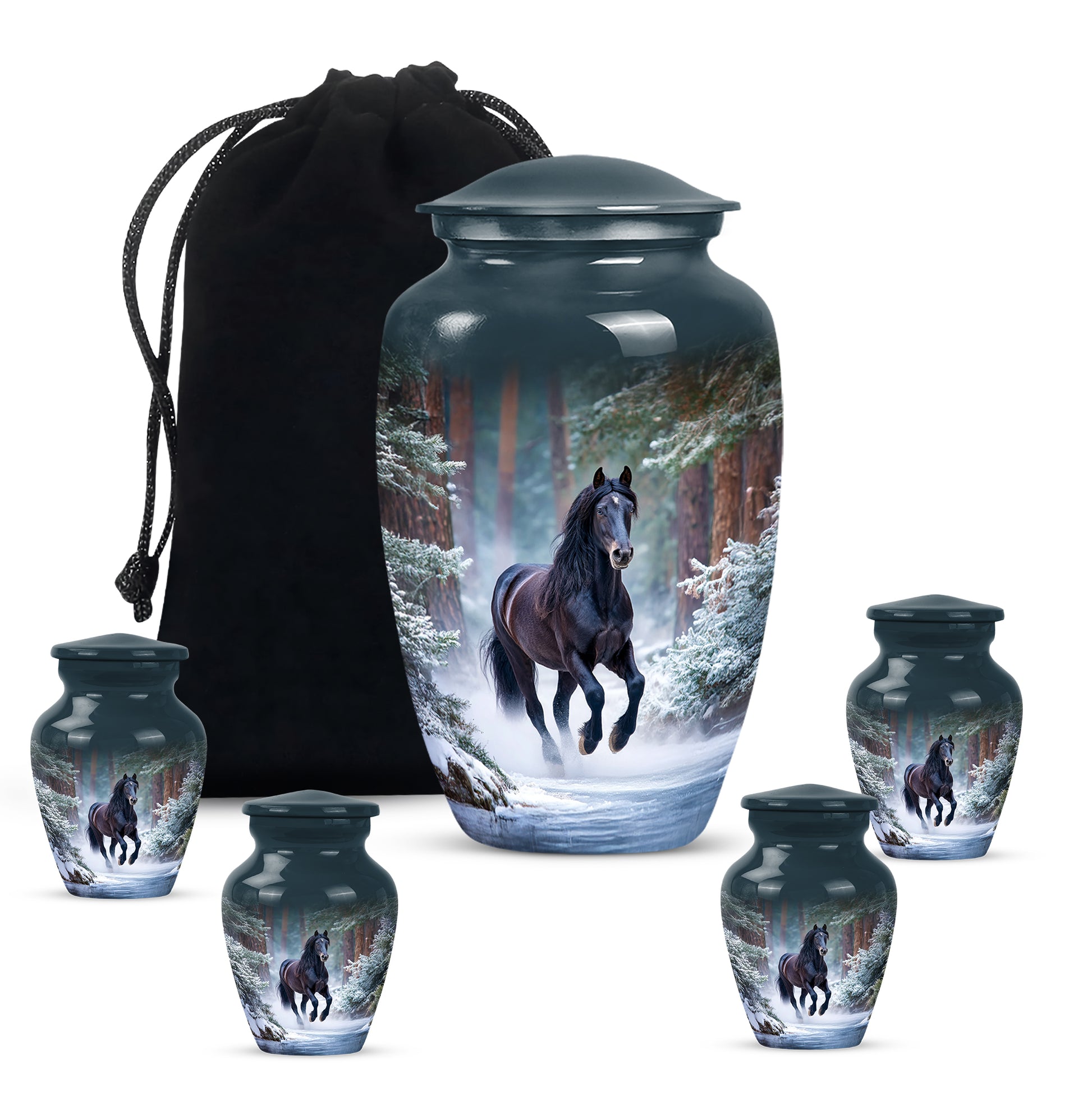 Indigo Horse Cremation Urn top-down view of secure threaded lid - timeless horse motif etched into premium metal - memorial set with one large and four small urns