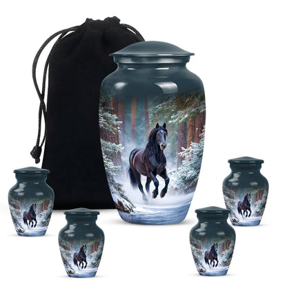 Indigo Horse Cremation Urn top-down view of secure threaded lid - timeless horse motif etched into premium metal - memorial set with one large and four small urns