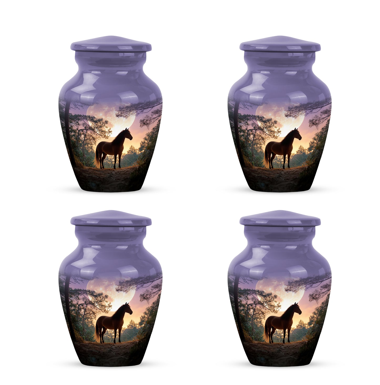 Royal Blue Horse Cremation Urn side profile showing urn shape - traditional horse engraving with hand-polished finish - 10 inch aluminum urn for cremated remains