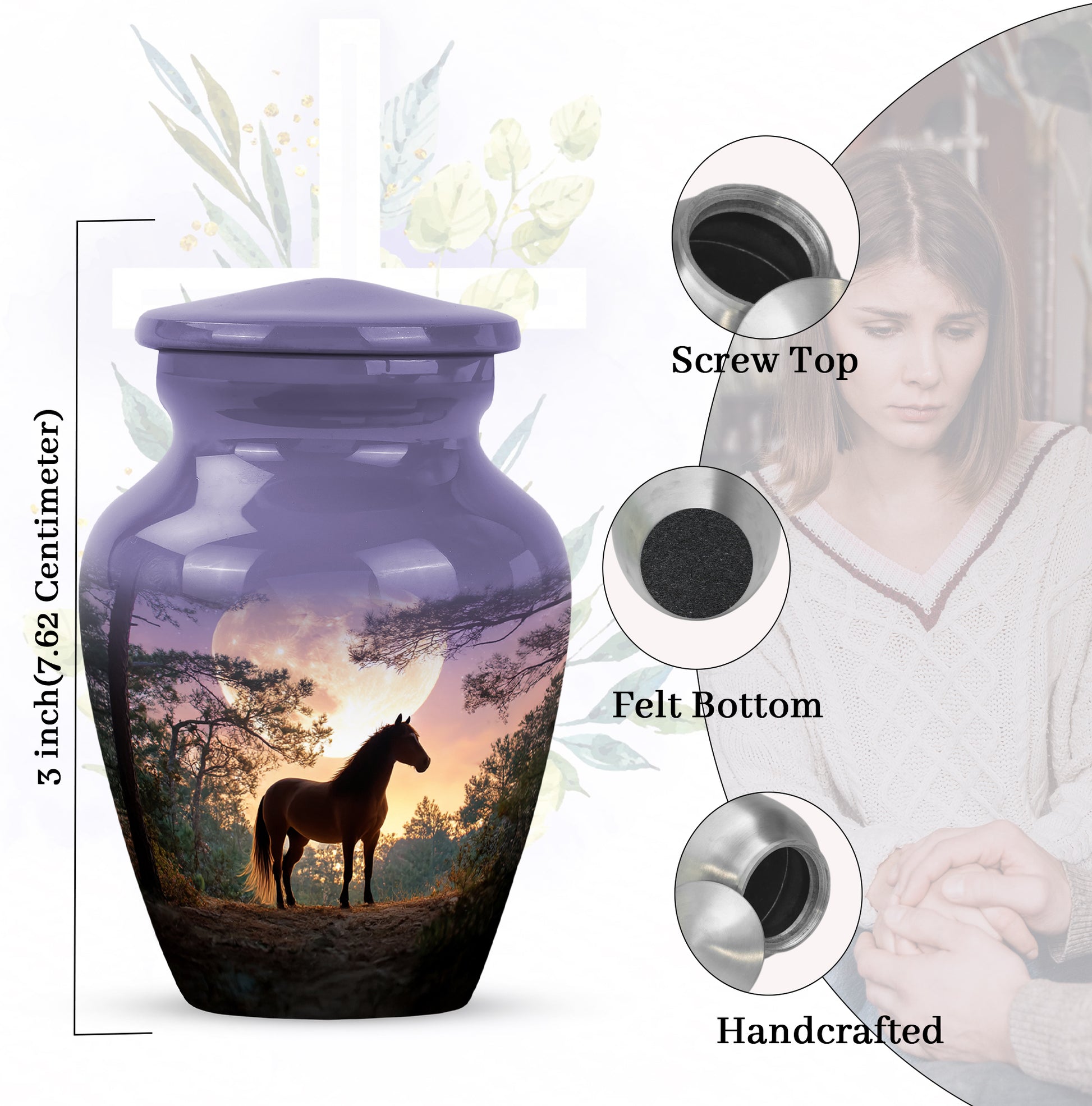 Sapphire Blue Horse Cremation Urn close-up of engraving and surface detail - traditional horse engraving with hand-polished finish - mini keepsake memorial for portion of cremation ashes