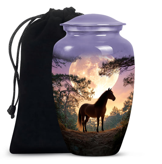 Serene Blue Horse Cremation Urn angled view of lid and engraved motif - elegant classic horse relief with fine detailing - full-size 10 inch 200 cubic inch adult cremation urn