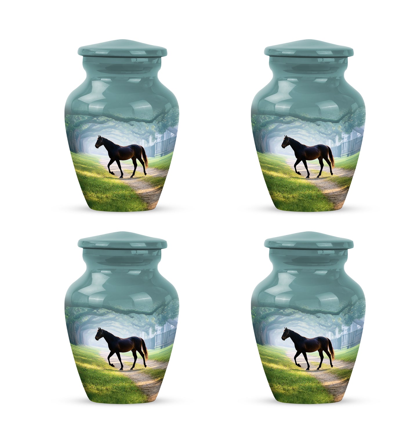Aqua Teal Horse Cremation Urn side profile showing urn shape - traditional horse engraving with hand-polished finish - 10 inch aluminum urn for cremated remains