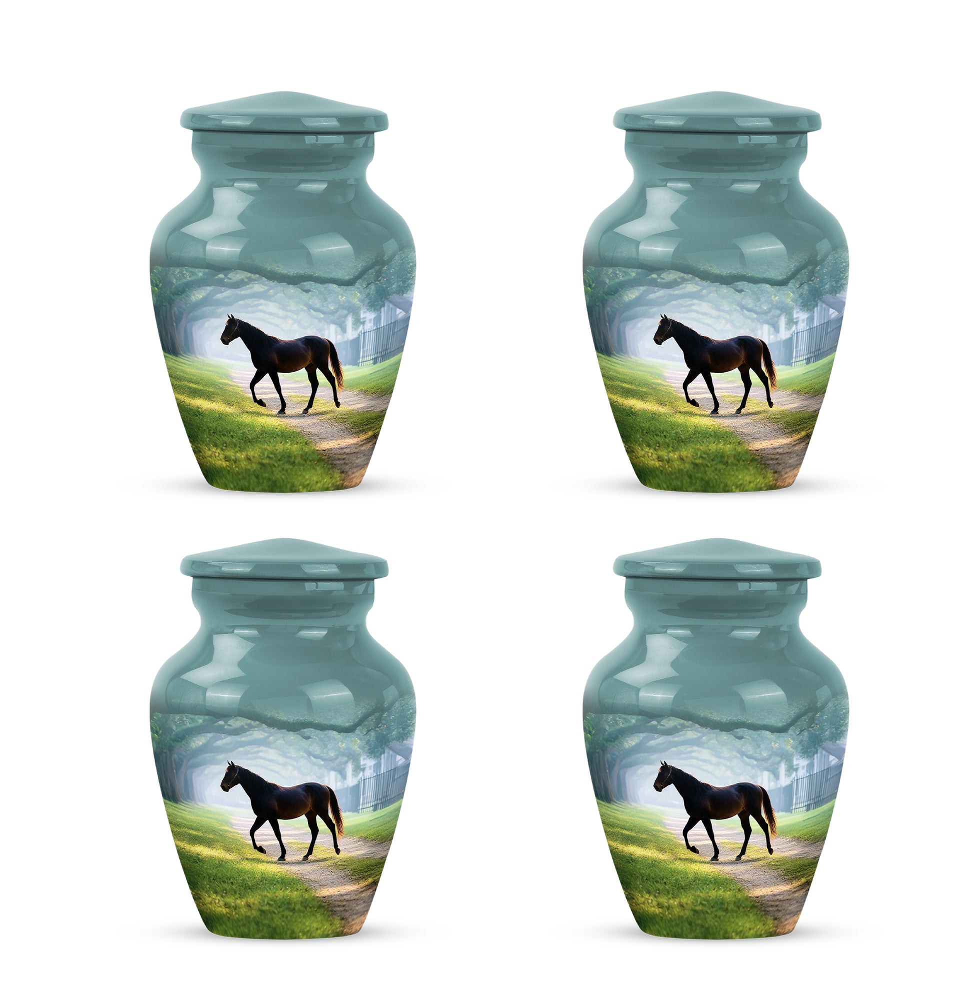 Aqua Teal Horse Cremation Urn side profile showing urn shape - traditional horse engraving with hand-polished finish - 10 inch aluminum urn for cremated remains