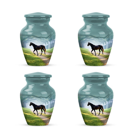 Aqua Teal Horse Cremation Urn side profile showing urn shape - traditional horse engraving with hand-polished finish - 10 inch aluminum urn for cremated remains