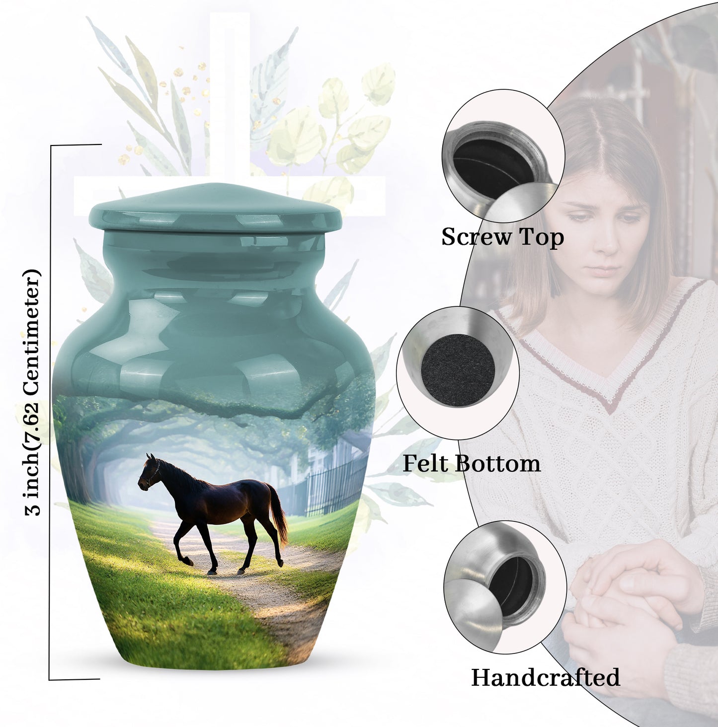 Sea Green Teal Horse Cremation Urn close-up of engraving and surface detail - timeless horse motif etched into premium metal - mini keepsake memorial for portion of cremation ashes