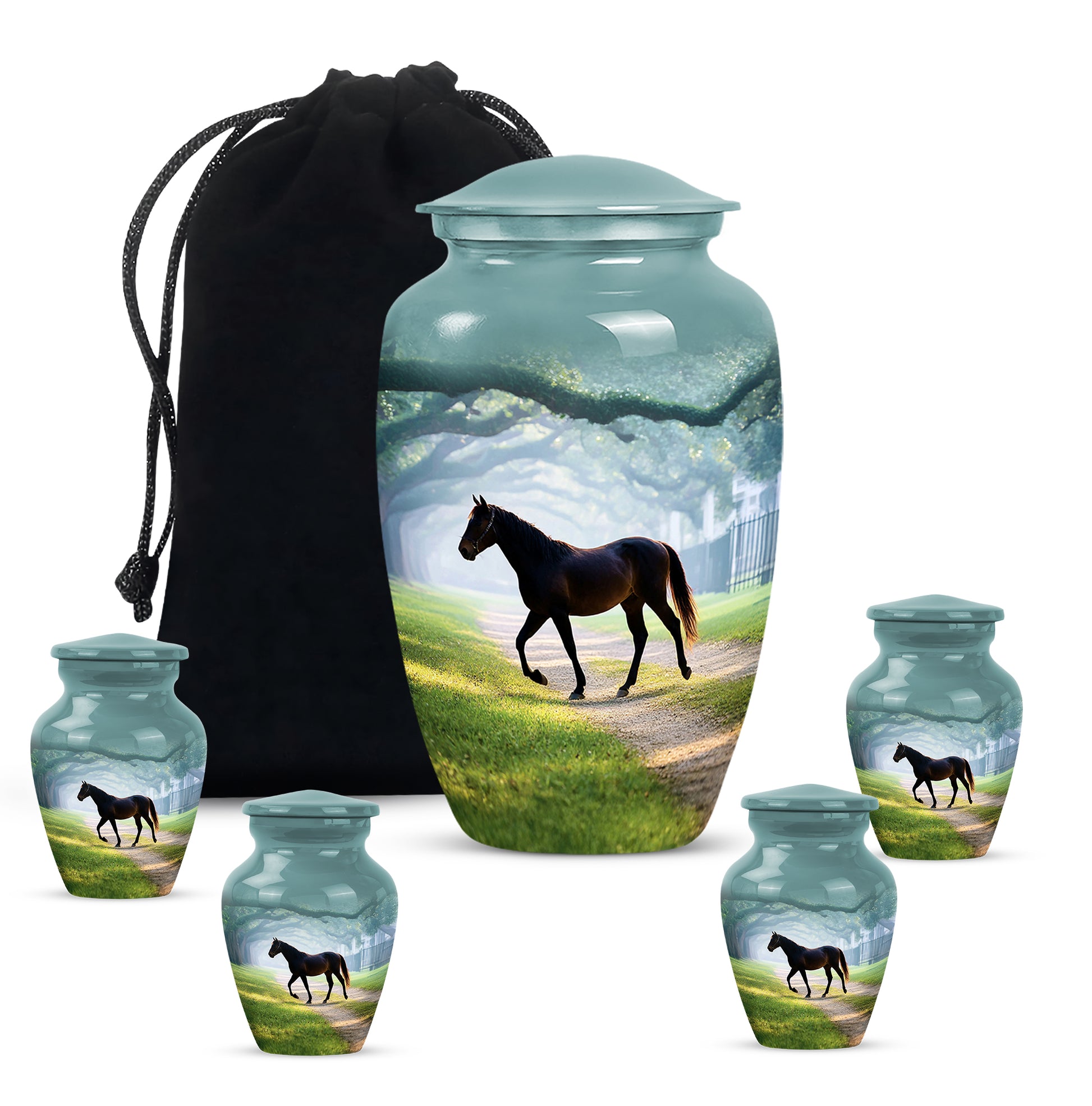 Aqua Teal Horse Cremation Urn top-down view of secure threaded lid - elegant classic horse relief with fine detailing - memorial set with one large and four small urns