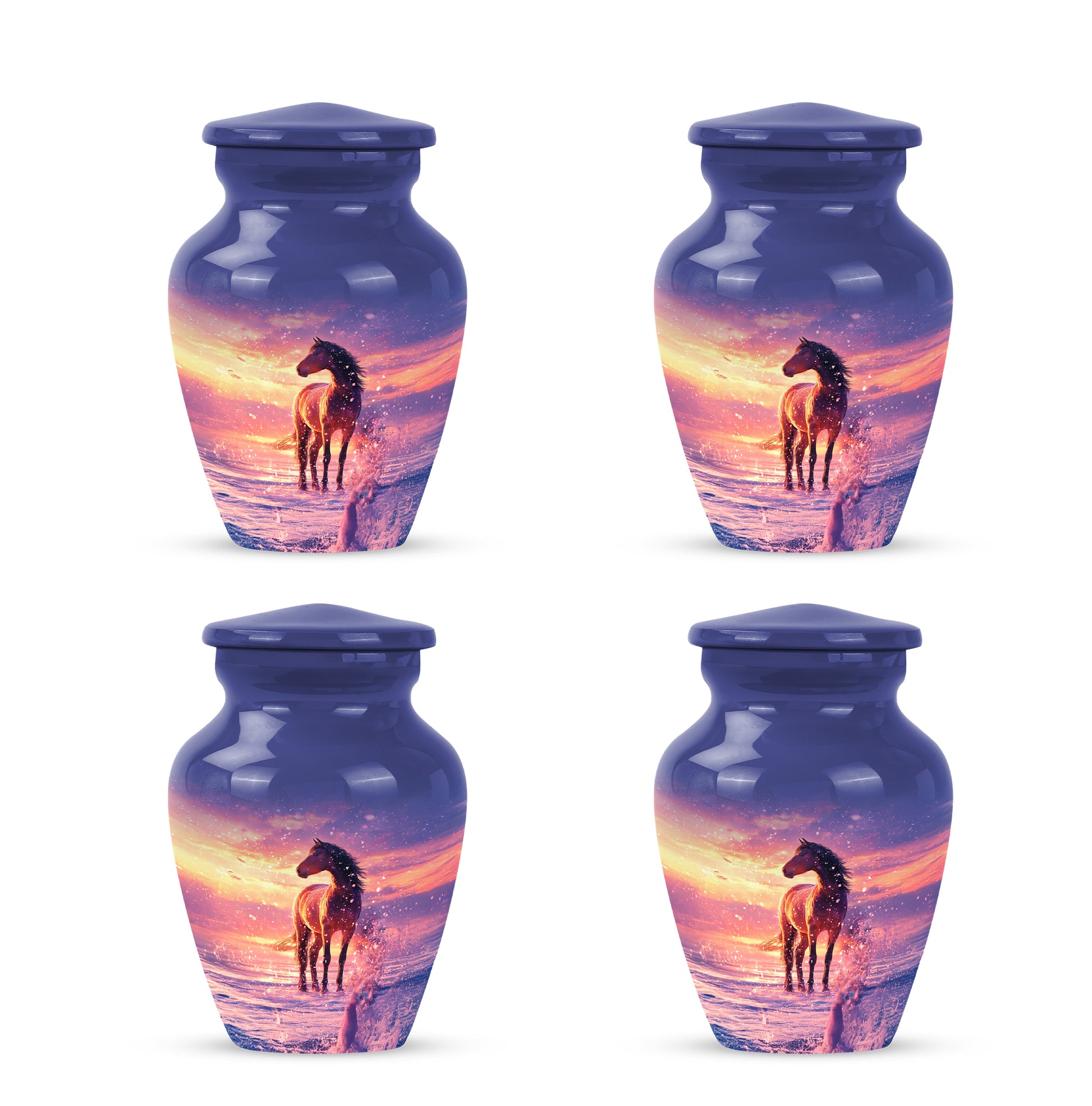 Vivid Blue Horse Cremation Urn side profile showing urn shape - elegant classic horse relief with fine detailing - 10 inch aluminum urn for cremated remains