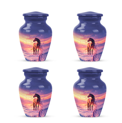 Vivid Blue Horse Cremation Urn side profile showing urn shape - elegant classic horse relief with fine detailing - 10 inch aluminum urn for cremated remains