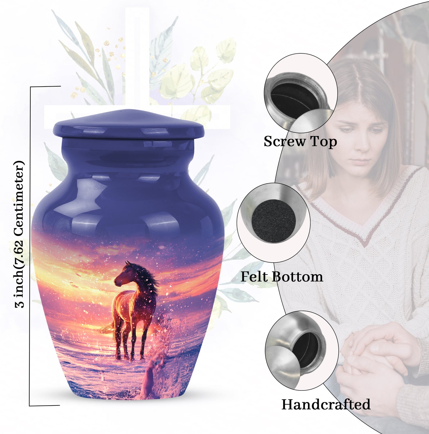 Misty Blue Horse Cremation Urn close-up of engraving and surface detail - timeless horse motif etched into premium metal - mini keepsake memorial for portion of cremation ashes