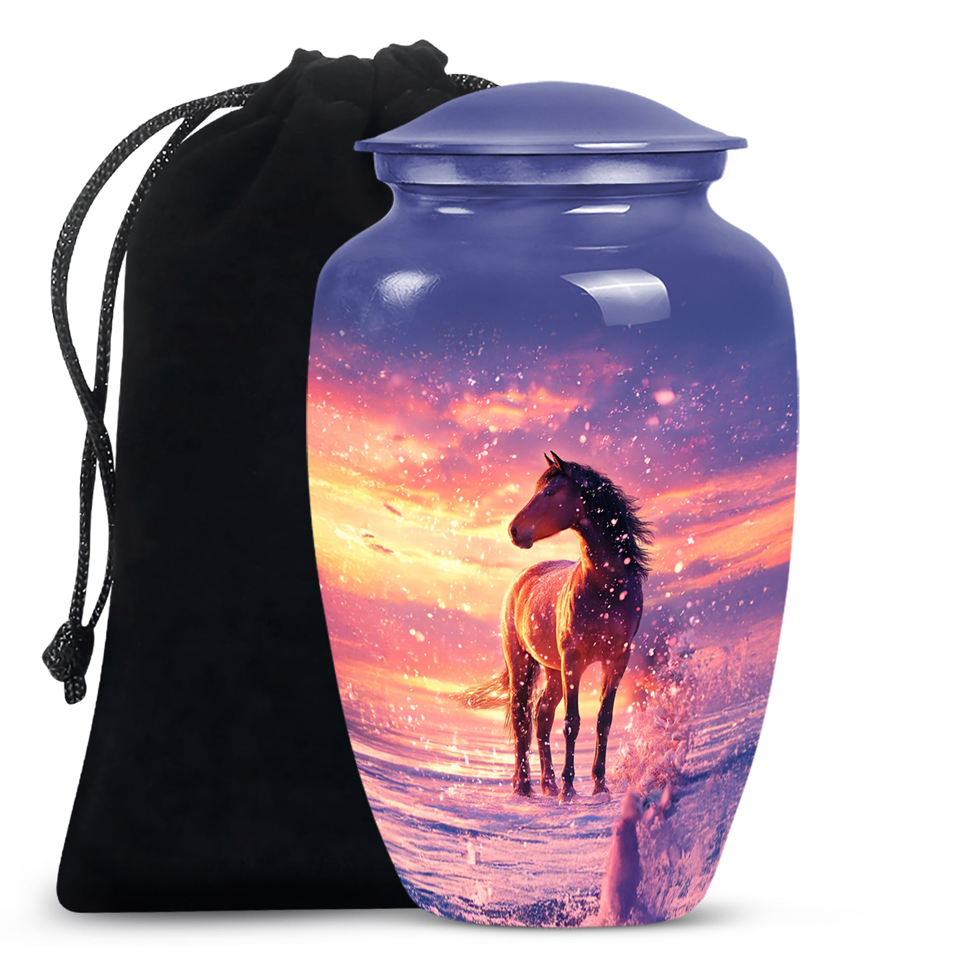 Icy Blue Horse Cremation Urn angled view of lid and engraved motif - classic sculpted horse pattern on smooth aluminum - full-size 10 inch 200 cubic inch adult cremation urn