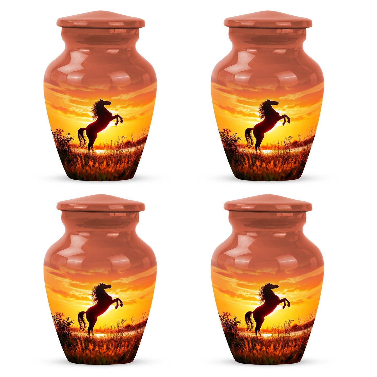Burgundy Red Horse Cremation Urn side profile showing urn shape - timeless horse motif etched into premium metal - 10 inch aluminum urn for cremated remains