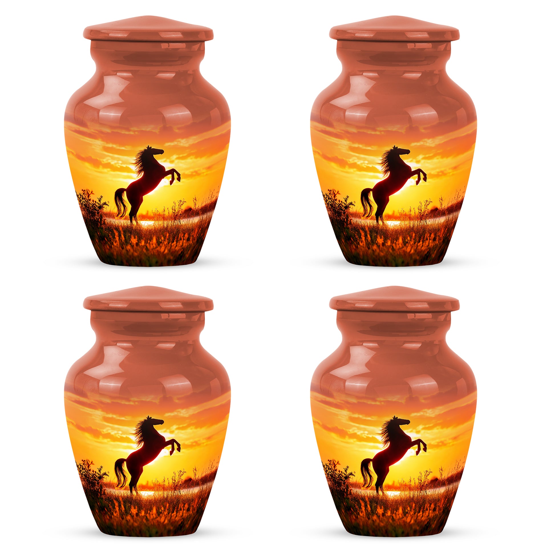 Burgundy Red Horse Cremation Urn side profile showing urn shape - timeless horse motif etched into premium metal - 10 inch aluminum urn for cremated remains