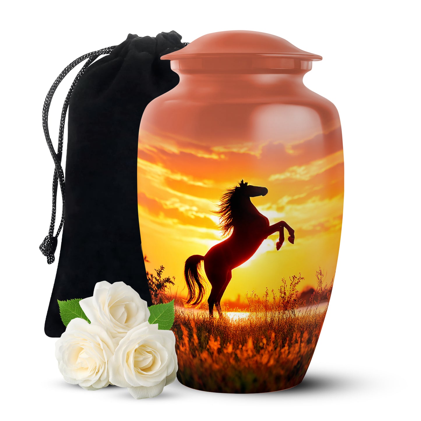 Cherry Red Horse Cremation Urn angled view of lid and engraved motif - traditional horse engraving with hand-polished finish - full-size 10 inch 200 cubic inch adult cremation urn