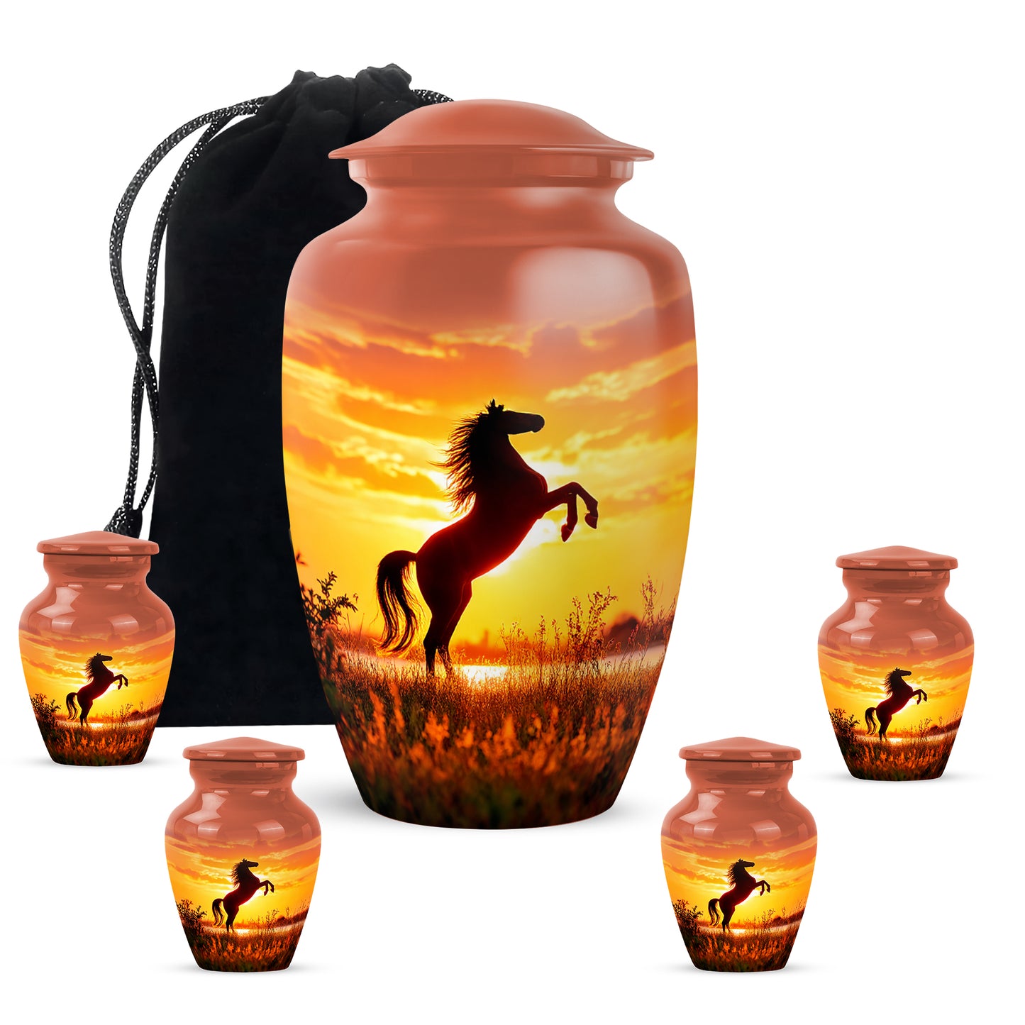 Deep Red Horse Cremation Urn top-down view of secure threaded lid - classic sculpted horse pattern on smooth aluminum - memorial set with one large and four small urns