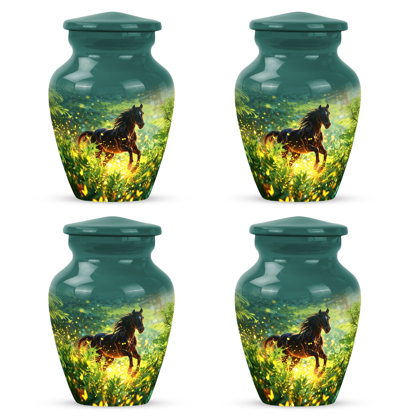 Vivid Teal Horse Cremation Urn side profile showing urn shape - traditional horse engraving with hand-polished finish - 10 inch aluminum urn for cremated remains