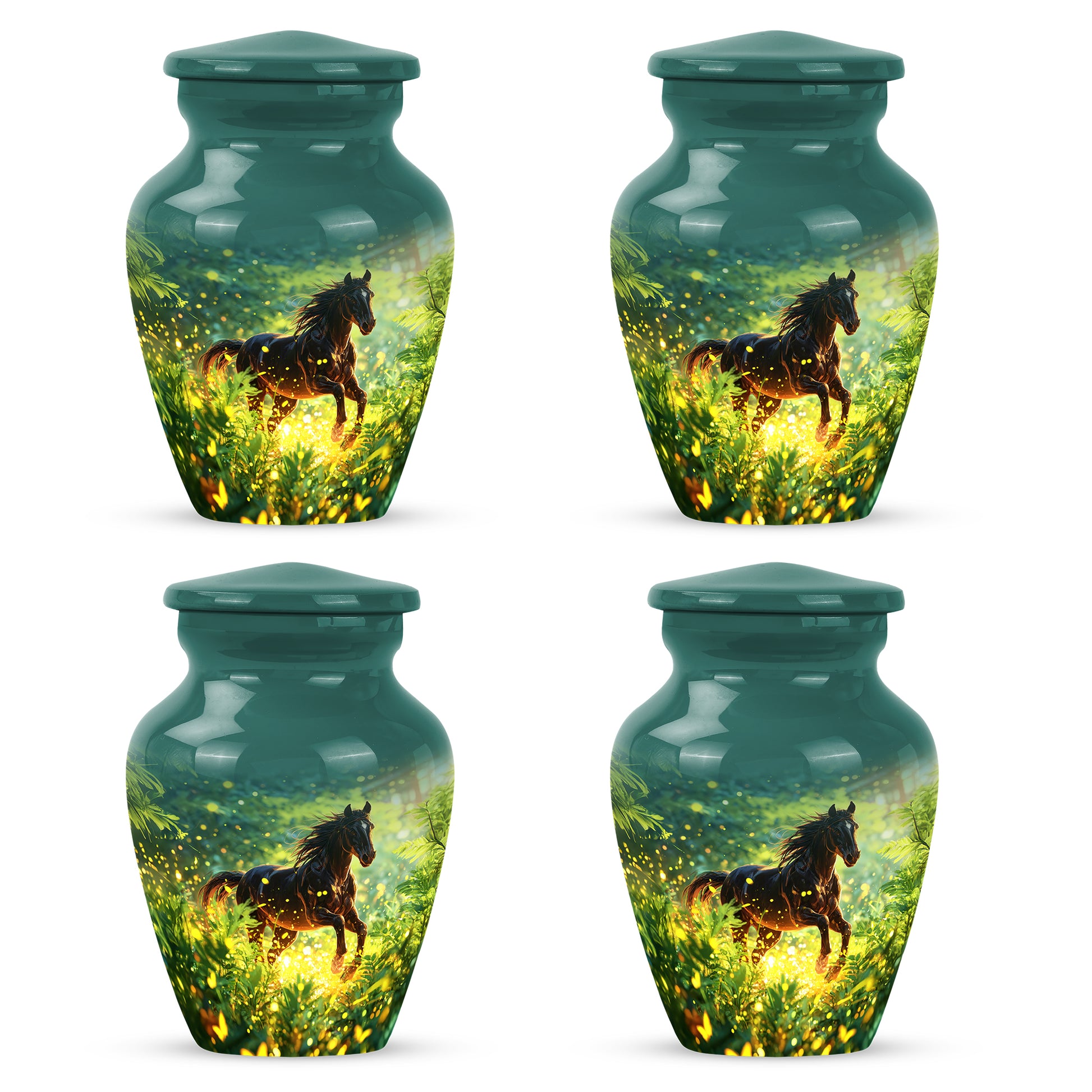 Vivid Teal Horse Cremation Urn side profile showing urn shape - traditional horse engraving with hand-polished finish - 10 inch aluminum urn for cremated remains