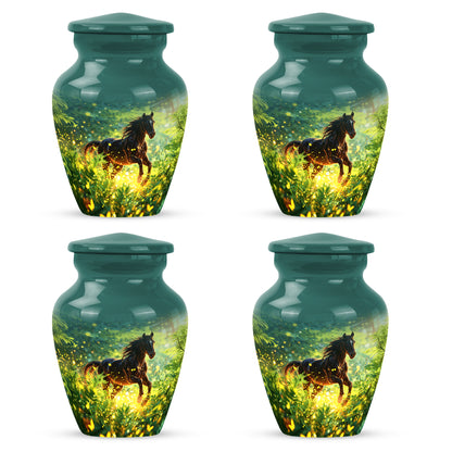 Vivid Teal Horse Cremation Urn side profile showing urn shape - traditional horse engraving with hand-polished finish - 10 inch aluminum urn for cremated remains