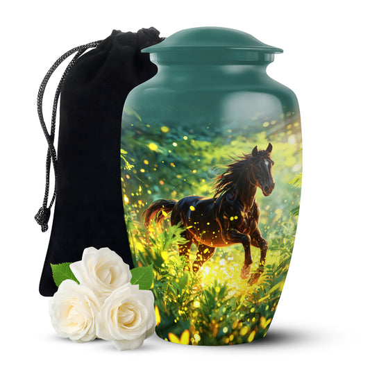 Tropical Teal Horse Cremation Urn angled view of lid and engraved motif - elegant classic horse relief with fine detailing - full-size 10 inch 200 cubic inch adult cremation urn