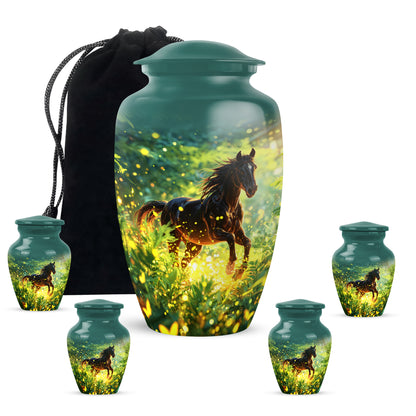 Mystic Teal Horse Cremation Urn top-down view of secure threaded lid - elegant classic horse relief with fine detailing - memorial set with one large and four small urns