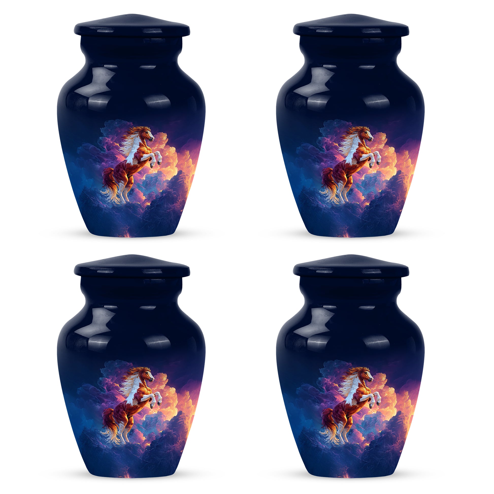 Vivid Blue Horse Cremation Urn side profile showing urn shape - traditional horse engraving with hand-polished finish - 10 inch aluminum urn for cremated remains