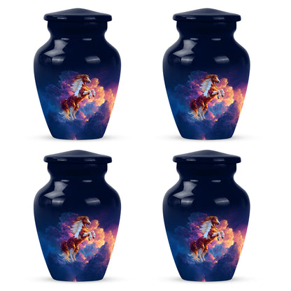 Vivid Blue Horse Cremation Urn side profile showing urn shape - traditional horse engraving with hand-polished finish - 10 inch aluminum urn for cremated remains