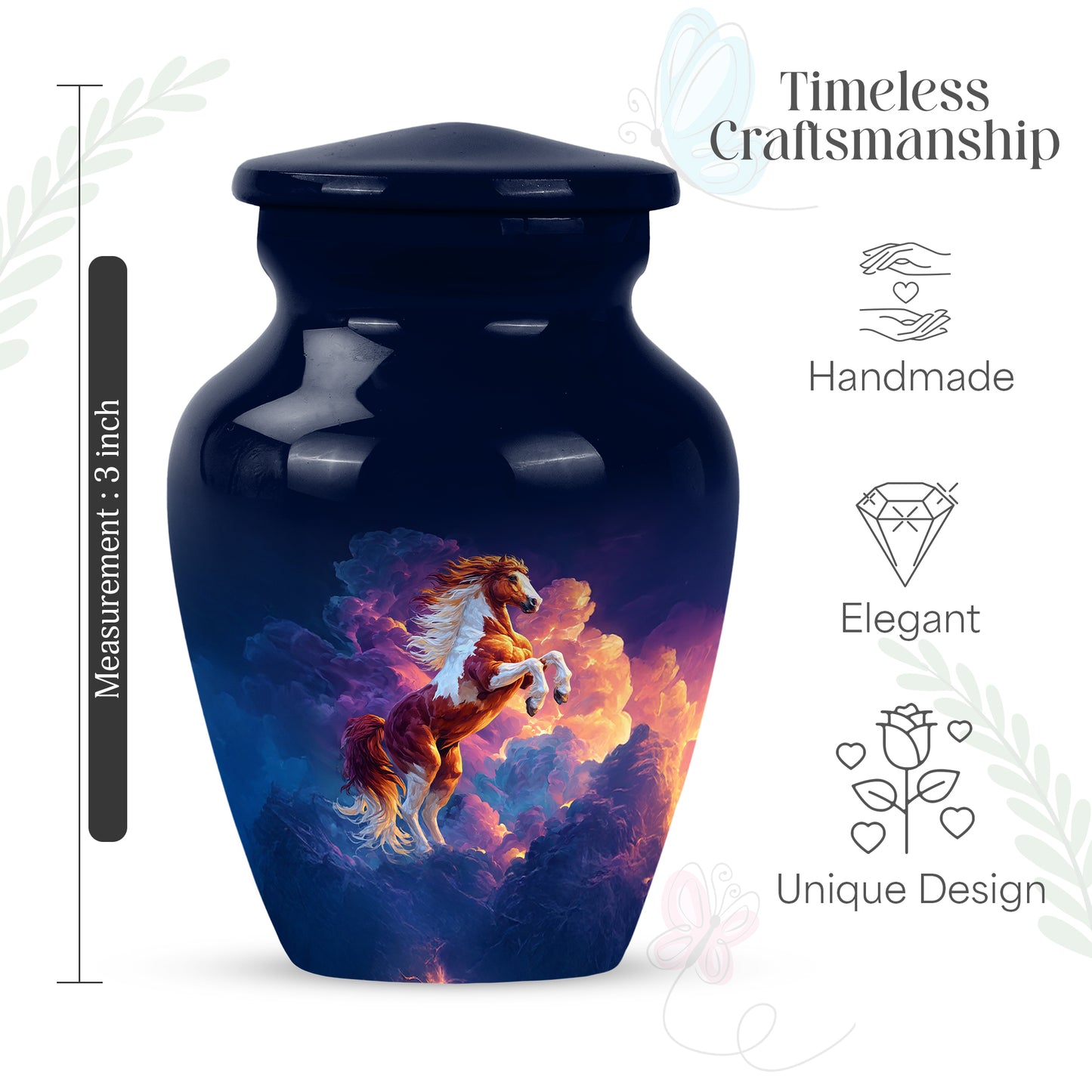 Dusty Blue Horse Cremation Urn close-up of engraving and surface detail - timeless horse motif etched into premium metal - mini keepsake memorial for portion of cremation ashes