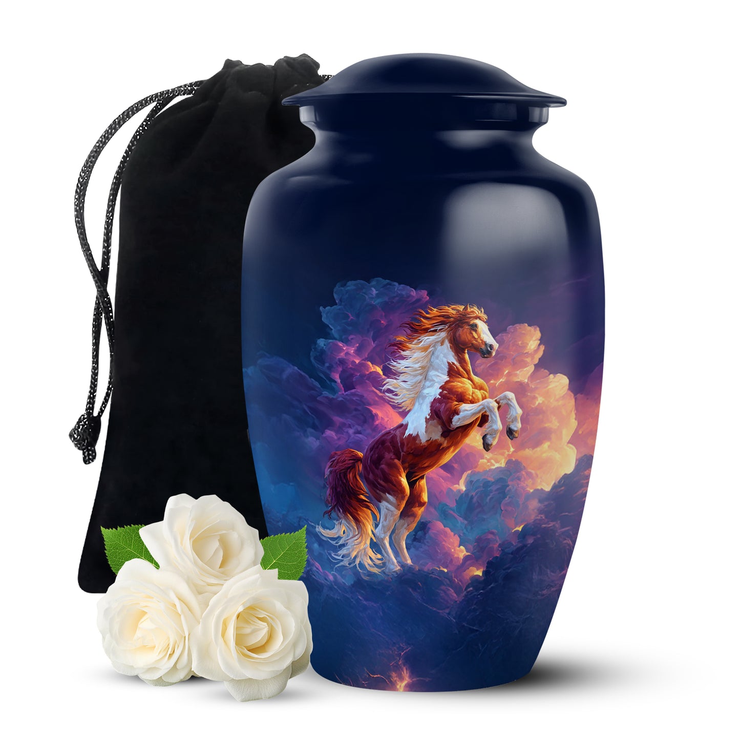Navy Blue Horse Cremation Urn angled view of lid and engraved motif - classic sculpted horse pattern on smooth aluminum - full-size 10 inch 200 cubic inch adult cremation urn