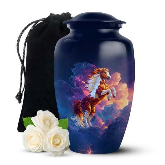 Navy Blue Horse Cremation Urn angled view of lid and engraved motif - classic sculpted horse pattern on smooth aluminum - full-size 10 inch 200 cubic inch adult cremation urn