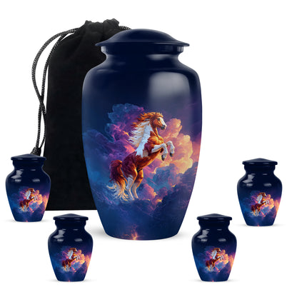 Navy Blue Horse Cremation Urn top-down view of secure threaded lid - classic sculpted horse pattern on smooth aluminum - memorial set with one large and four small urns