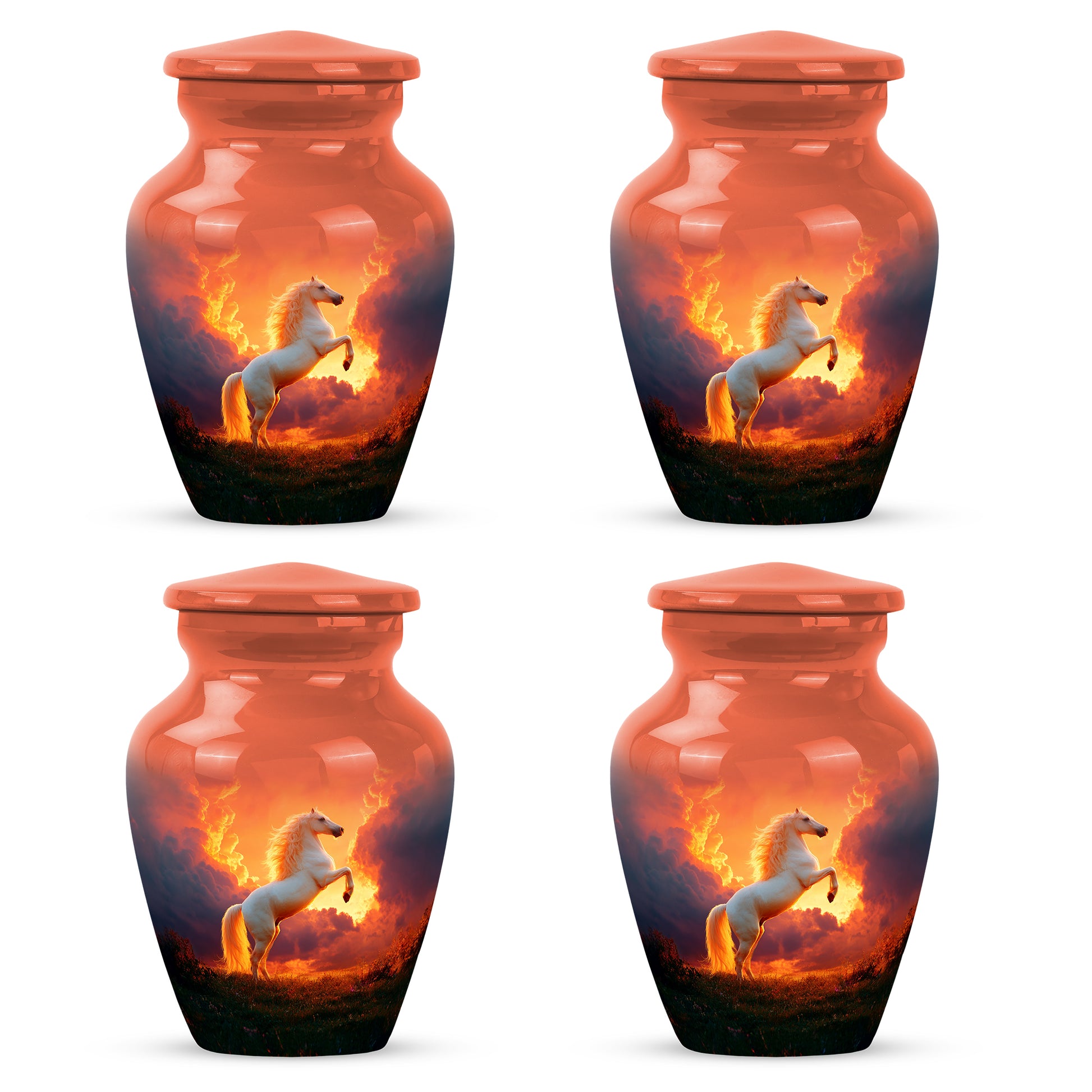 Deep Red Horse Cremation Urn side profile showing urn shape - classic sculpted horse pattern on smooth aluminum - 10 inch aluminum urn for cremated remains