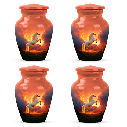 Deep Red Horse Cremation Urn side profile showing urn shape - classic sculpted horse pattern on smooth aluminum - 10 inch aluminum urn for cremated remains