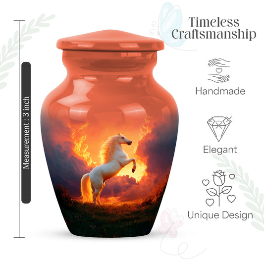 Fiery Red Horse Cremation Urn close-up of engraving and surface detail - traditional horse engraving with hand-polished finish - mini keepsake memorial for portion of cremation ashes