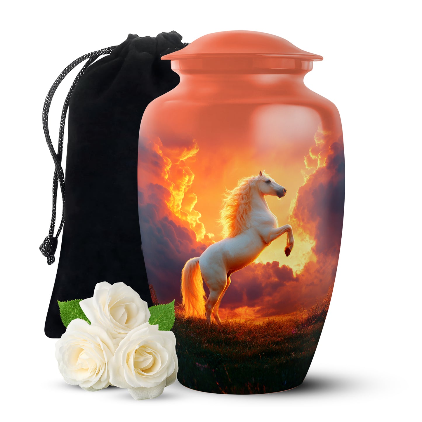 Crimson Red Horse Cremation Urn angled view of lid and engraved motif - timeless horse motif etched into premium metal - full-size 10 inch 200 cubic inch adult cremation urn