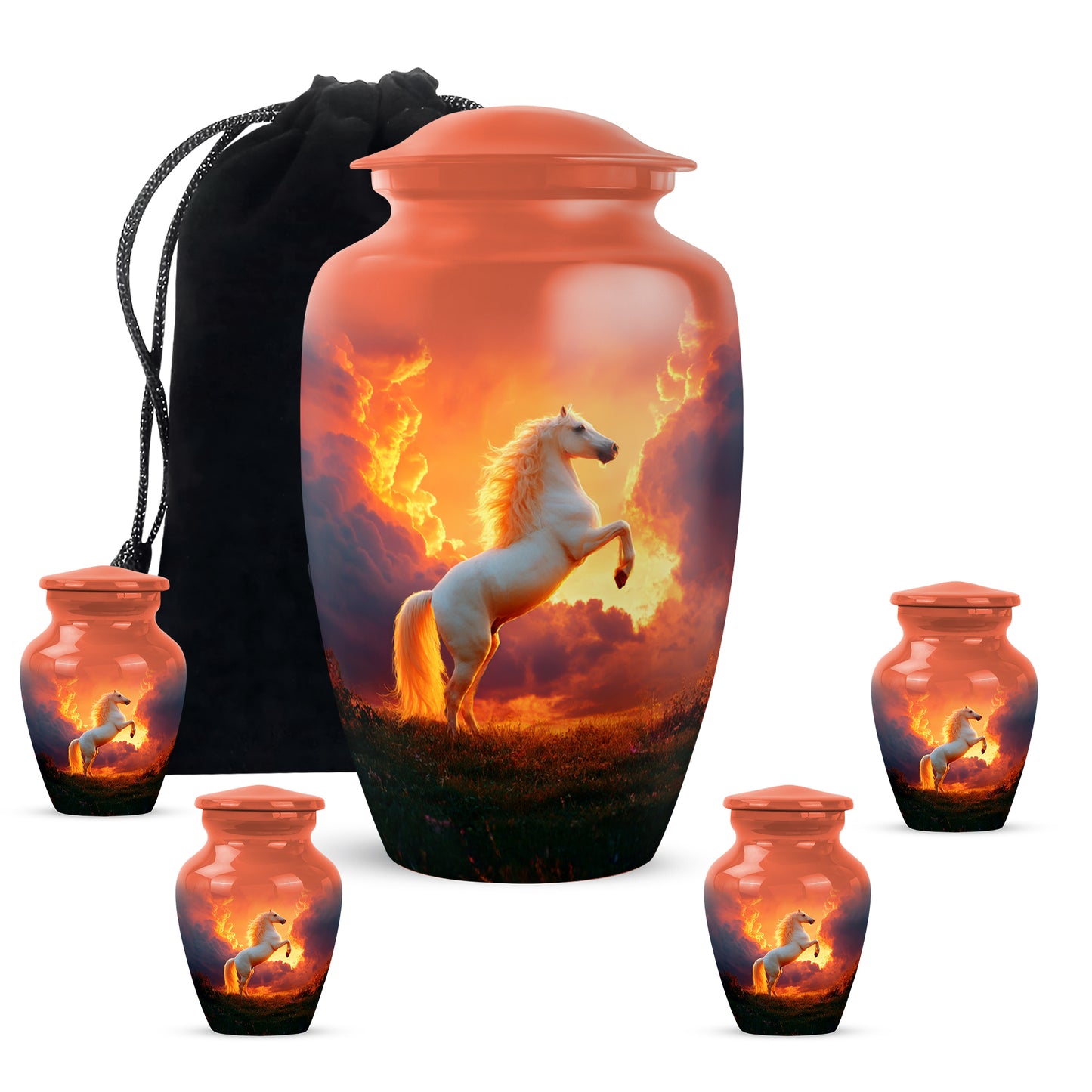 Ruby Red Horse Cremation Urn top-down view of secure threaded lid - elegant classic horse relief with fine detailing - memorial set with one large and four small urns