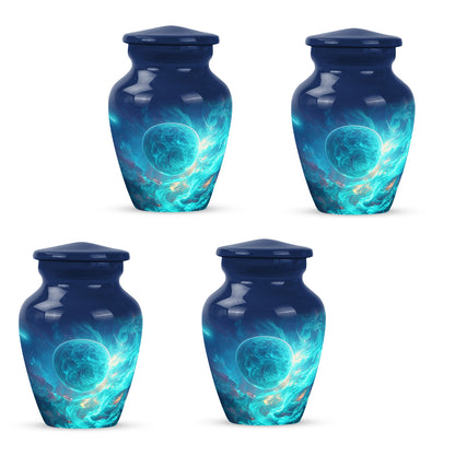 Sapphire Blue Galaxy Cremation Urn side profile showing urn shape - traditional galaxy engraving with hand-polished finish - 10 inch aluminum urn for cremated remains