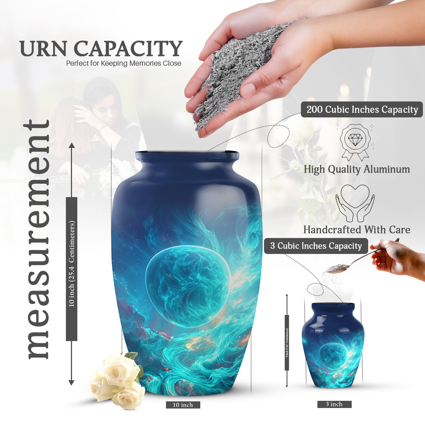 Celestial Blue Galaxy Cremation Urn close-up of engraving and surface detail - timeless galaxy motif etched into premium metal - mini keepsake memorial for portion of cremation ashes