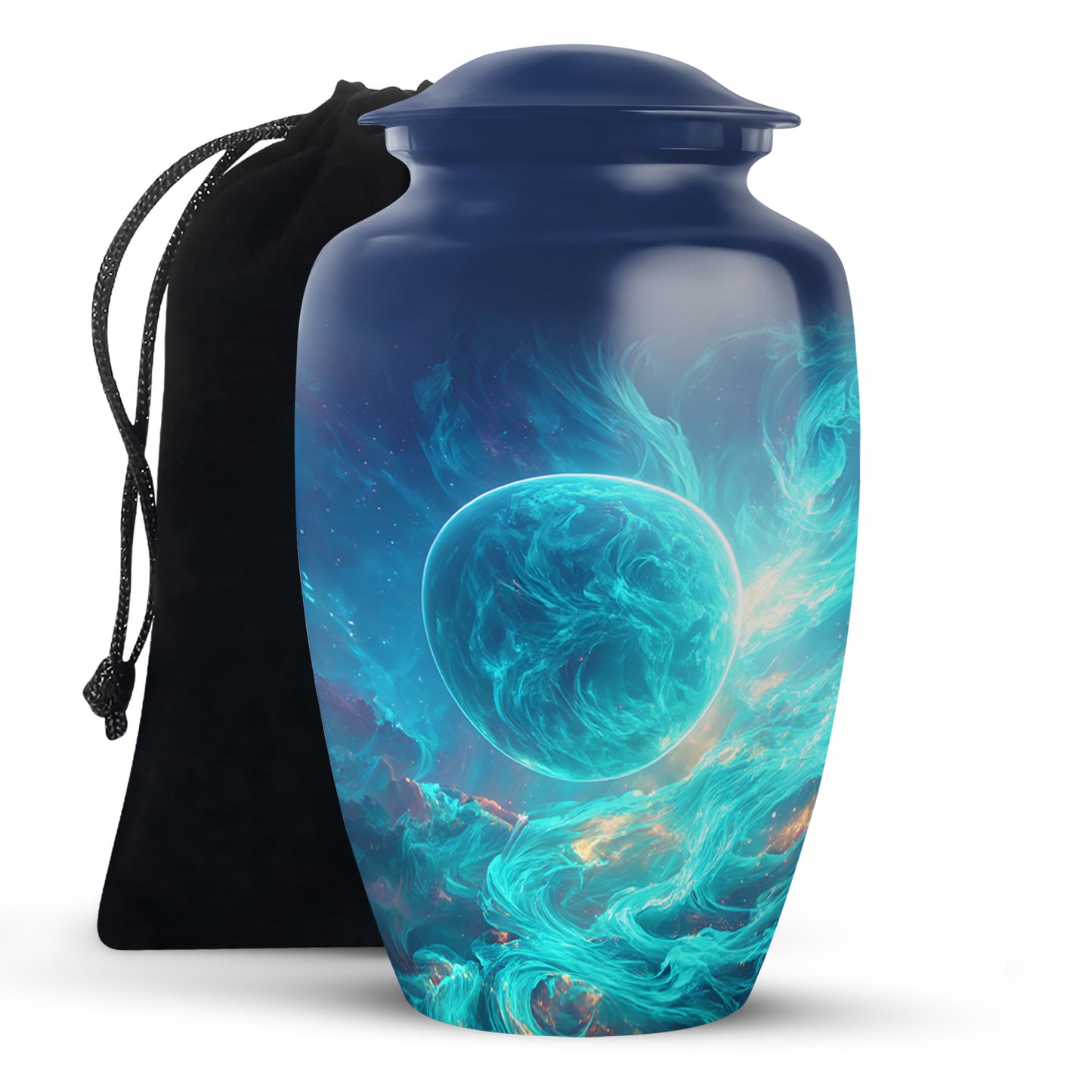 Cornflower Blue Galaxy Cremation Urn angled view of lid and engraved motif - elegant classic galaxy relief with fine detailing - full-size 10 inch 200 cubic inch adult cremation urn