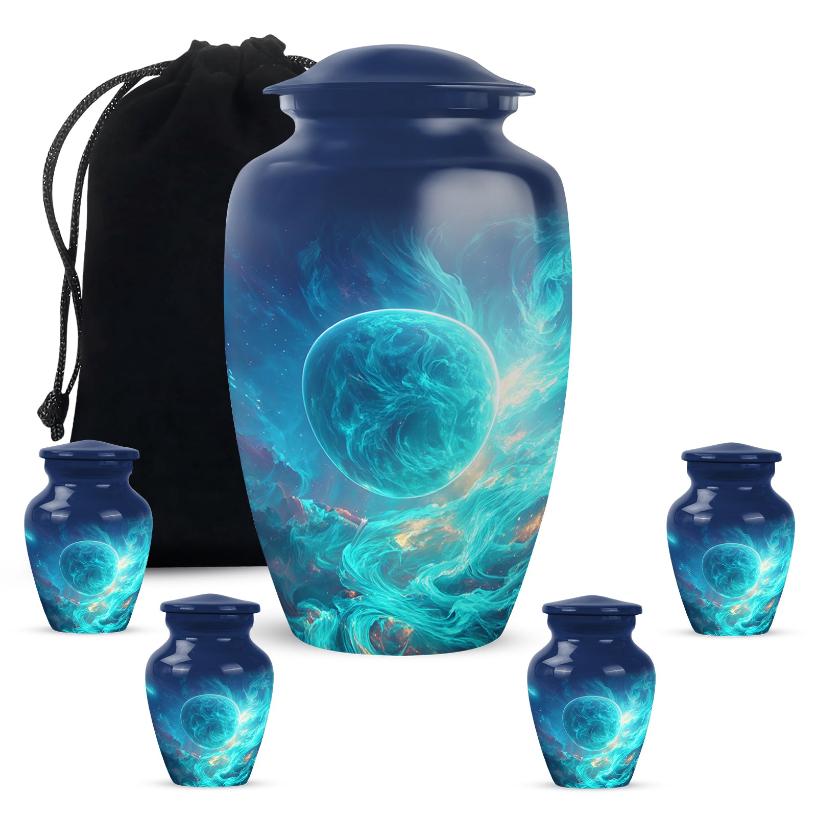 Misty Blue Galaxy Cremation Urn top-down view of secure threaded lid - classic sculpted galaxy pattern on smooth aluminum - memorial set with one large and four small urns
