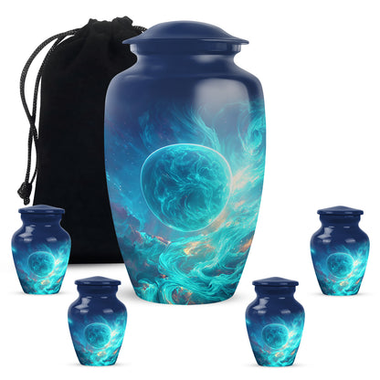 Misty Blue Galaxy Cremation Urn top-down view of secure threaded lid - classic sculpted galaxy pattern on smooth aluminum - memorial set with one large and four small urns
