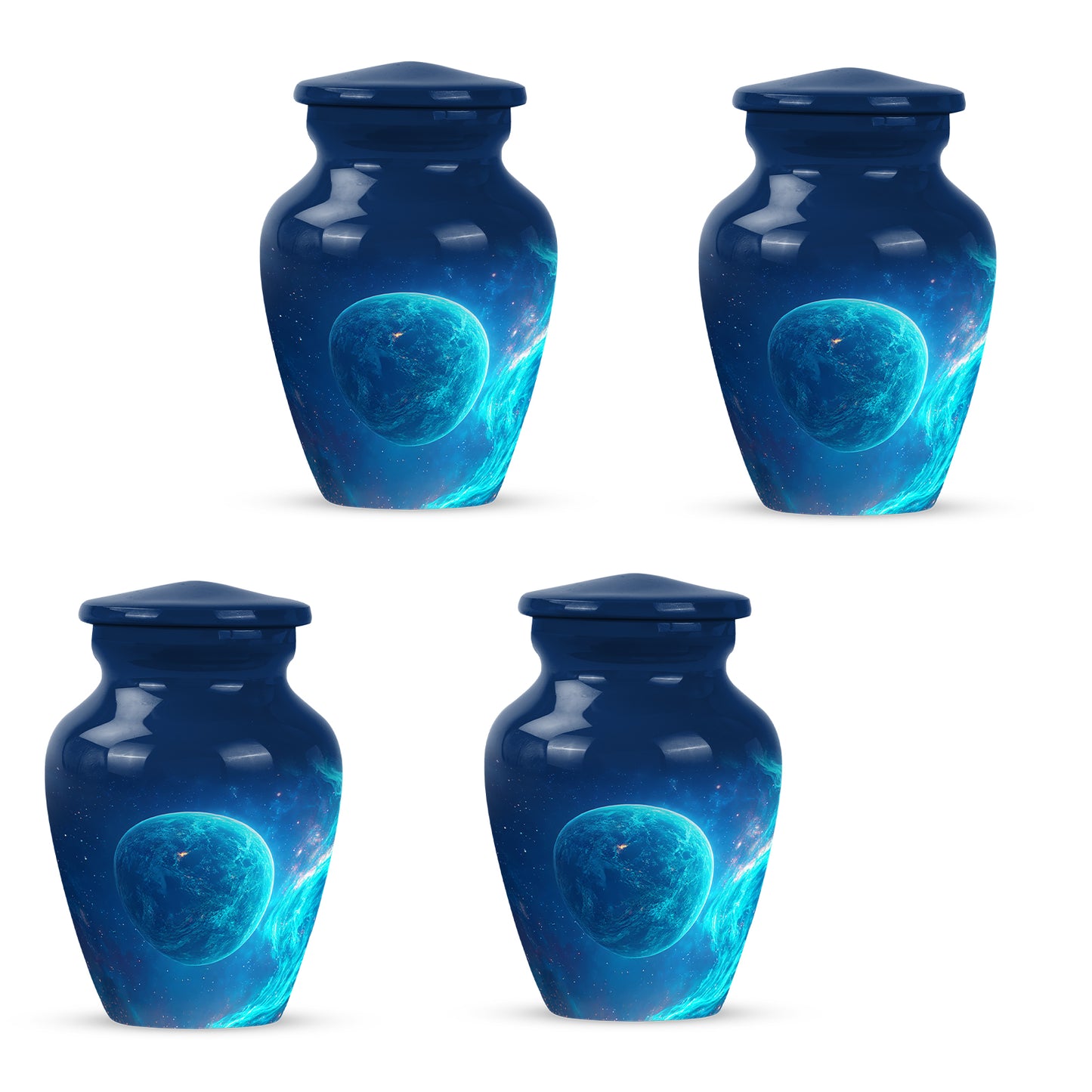 Sapphire Blue Galaxy Cremation Urn side profile showing urn shape - traditional galaxy engraving with hand-polished finish - 10 inch aluminum urn for cremated remains