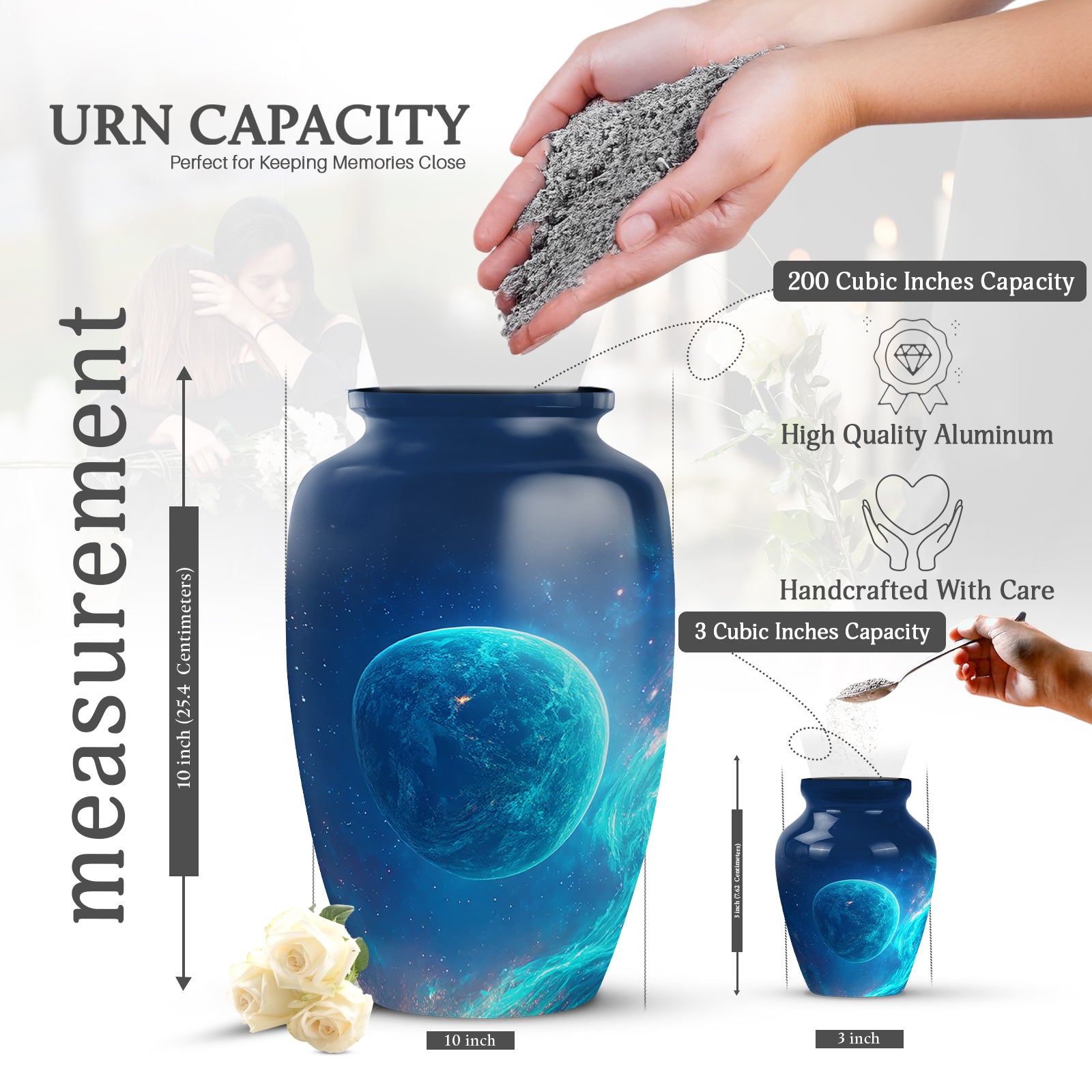 Bright Blue Galaxy Cremation Urn close-up of engraving and surface detail - traditional galaxy engraving with hand-polished finish - mini keepsake memorial for portion of cremation ashes