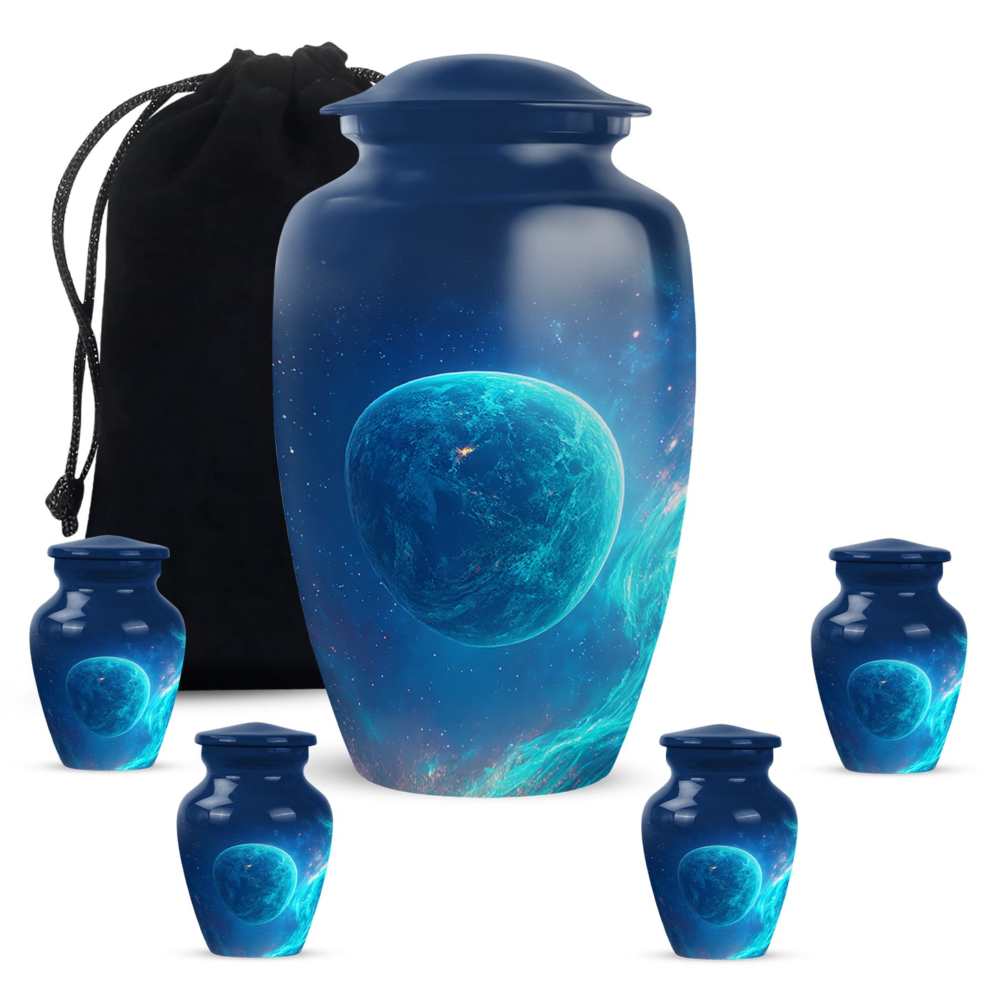 Pastel Blue Galaxy Cremation Urn top-down view of secure threaded lid - classic sculpted galaxy pattern on smooth aluminum - memorial set with one large and four small urns