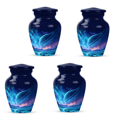 Calming Blue Galaxy Cremation Urn side profile showing urn shape - elegant classic galaxy relief with fine detailing - 10 inch aluminum urn for cremated remains