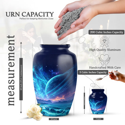 Icy Blue Galaxy Cremation Urn close-up of engraving and surface detail - timeless galaxy motif etched into premium metal - mini keepsake memorial for portion of cremation ashes
