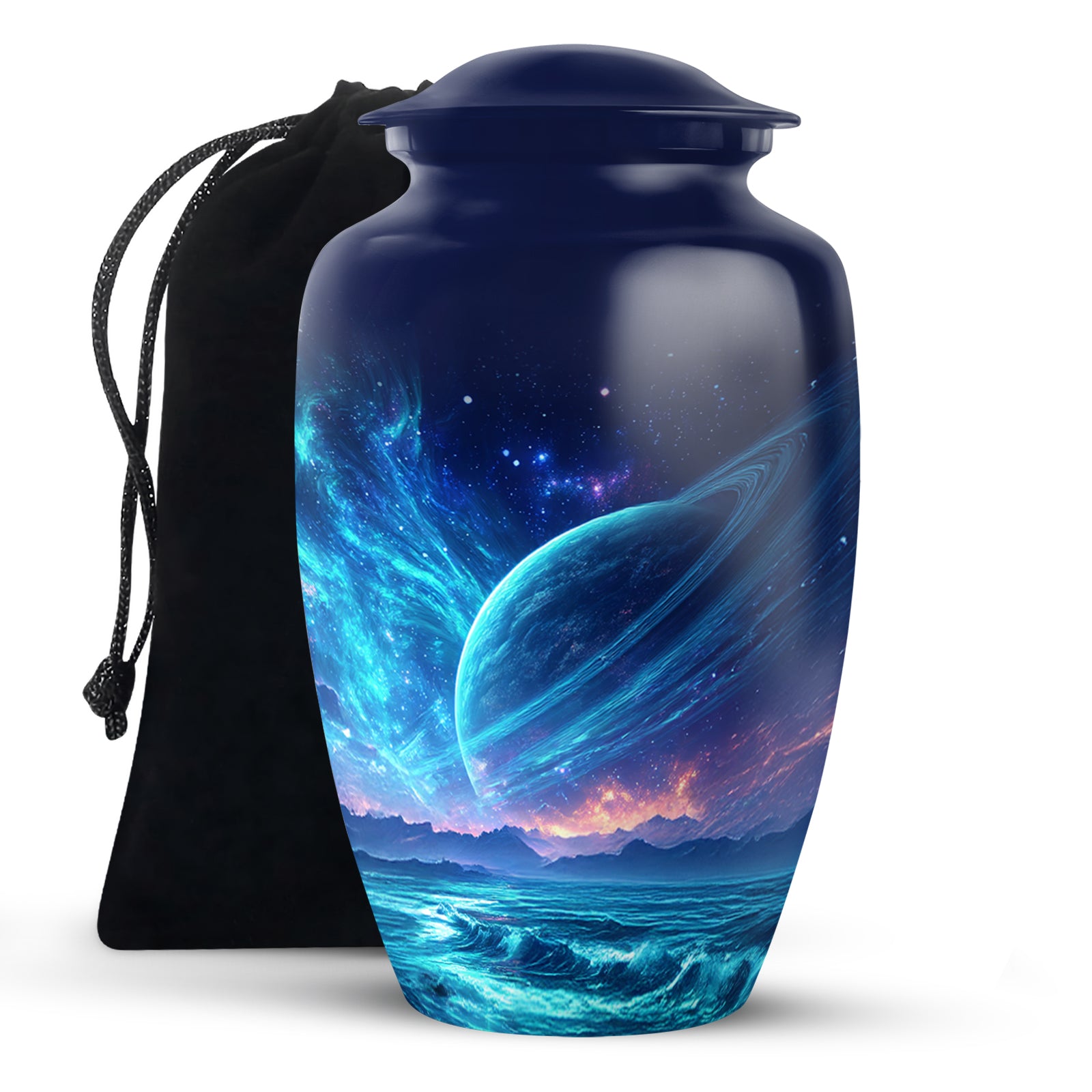 Serene Blue Galaxy Cremation Urn angled view of lid and engraved motif - elegant classic galaxy relief with fine detailing - full-size 10 inch 200 cubic inch adult cremation urn