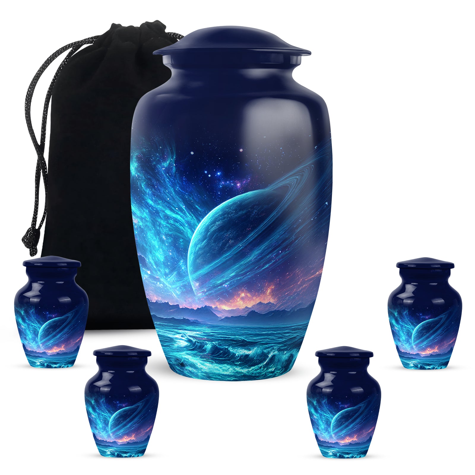 Bright Blue Galaxy Cremation Urn top-down view of secure threaded lid - traditional galaxy engraving with hand-polished finish - memorial set with one large and four small urns