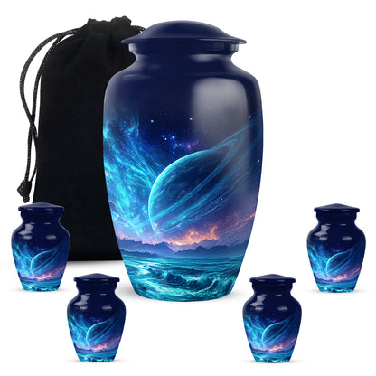 Bright Blue Galaxy Cremation Urn top-down view of secure threaded lid - traditional galaxy engraving with hand-polished finish - memorial set with one large and four small urns