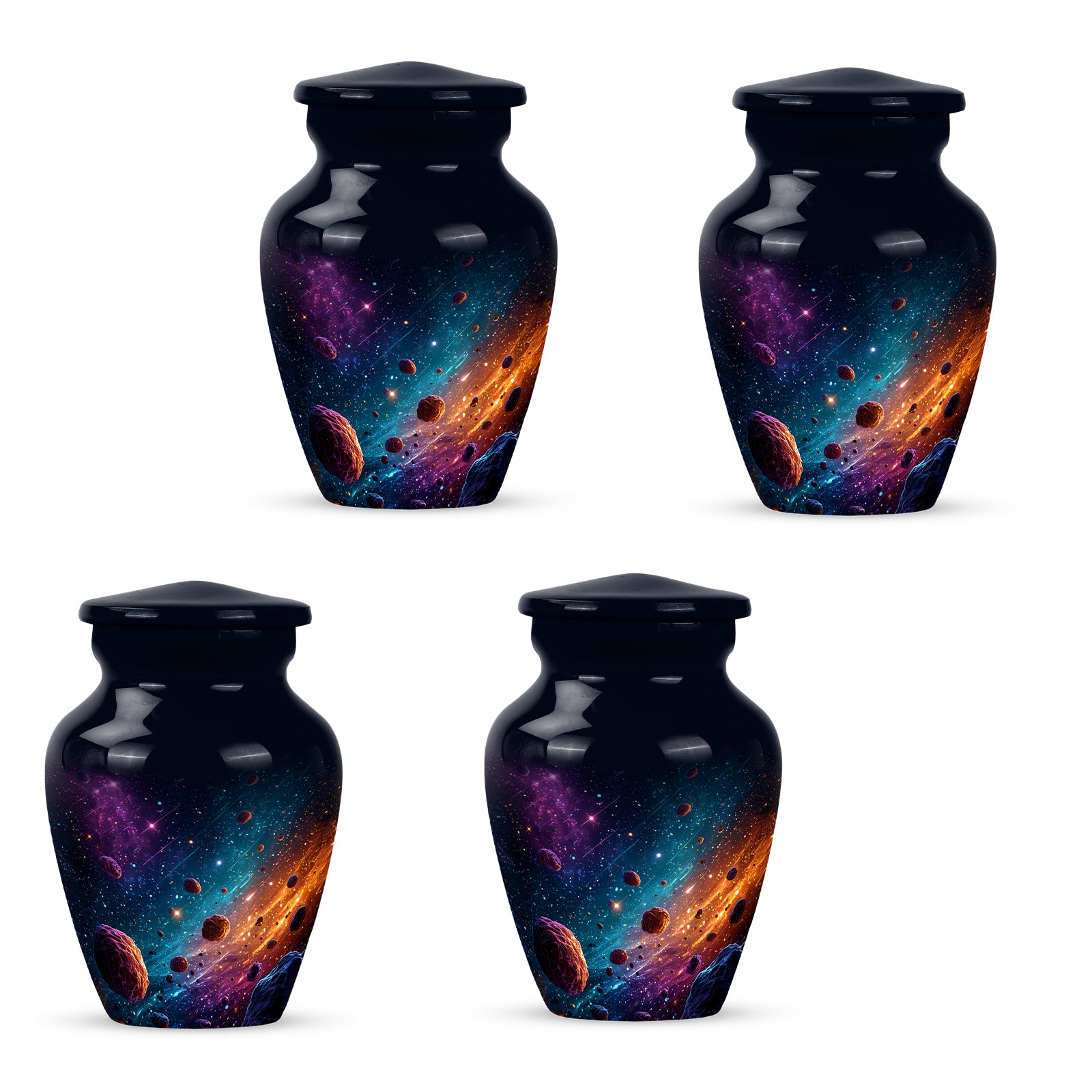 Cornflower Blue Galaxy Cremation Urn side profile showing urn shape - traditional galaxy engraving with hand-polished finish - 10 inch aluminum urn for cremated remains