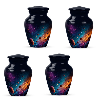 Cornflower Blue Galaxy Cremation Urn side profile showing urn shape - traditional galaxy engraving with hand-polished finish - 10 inch aluminum urn for cremated remains