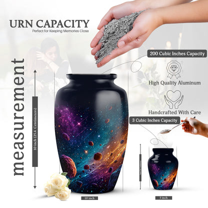 Indigo Galaxy Cremation Urn close-up of engraving and surface detail - timeless galaxy motif etched into premium metal - mini keepsake memorial for portion of cremation ashes